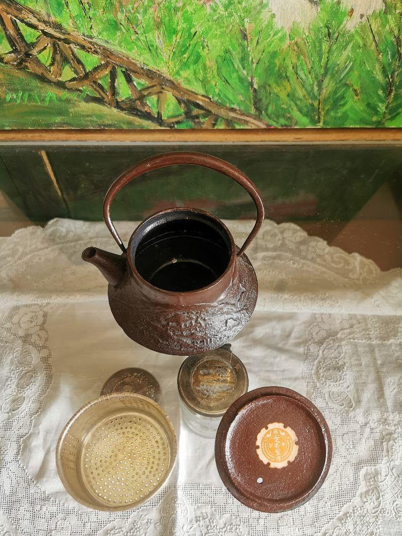 骨董 南部鉄瓶 急須 山と寺院境内 アンティークリネン ボビンレース編